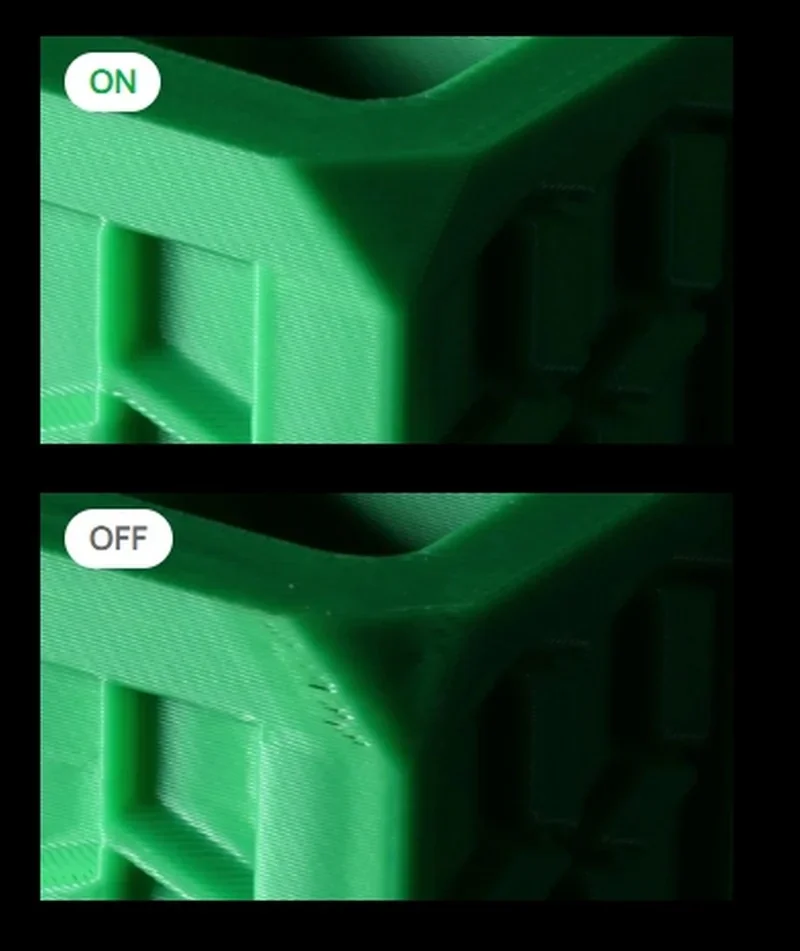 Green 3D-printed part comparison shows h2c bambu detailing with "ON" and "OFF" settings, highlighting surface quality differences.