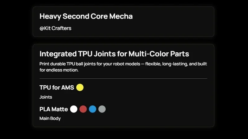 Heavy Second Core Mecha by Kit Crafters featuring durable TPU joints, PLA matte main body, and multi-color parts created by h2c bambu printer.