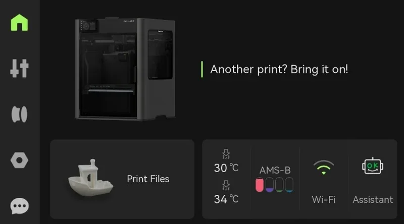 H2c Bambu 3D printer interface showing a small boat sample, temperature settings, AMS-B, Wi-Fi, and assistant icons.