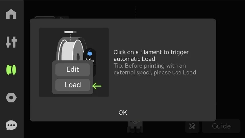 User interface displaying "h2c bambu" 3D printer filament load option, highlighting edit and load commands with instructional text on loading external spools.