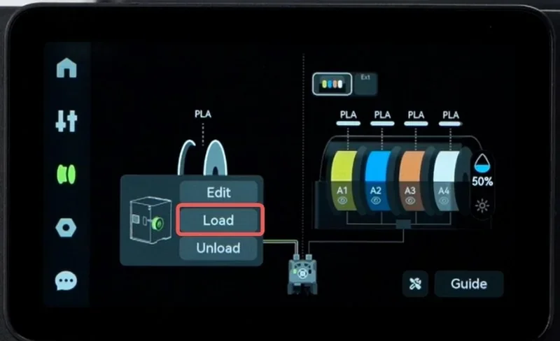 h2c Bambu display interface showing filament selection and loading process with color-coded spools and options to edit, load, or unload.