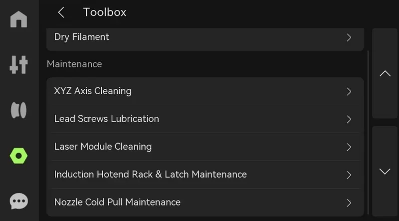 Menu of maintenance options for the h2c Bambu 3D printer, showing tasks like filament drying, XYZ axis cleaning, and nozzle maintenance.