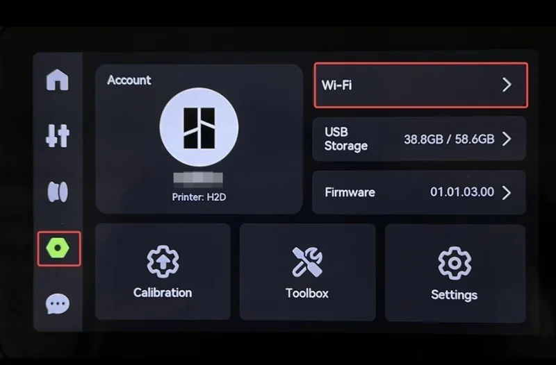 H2C Bambu 3D printer touchscreen showing account, Wi-Fi, USB storage, firmware, calibration, toolbox, and settings options.