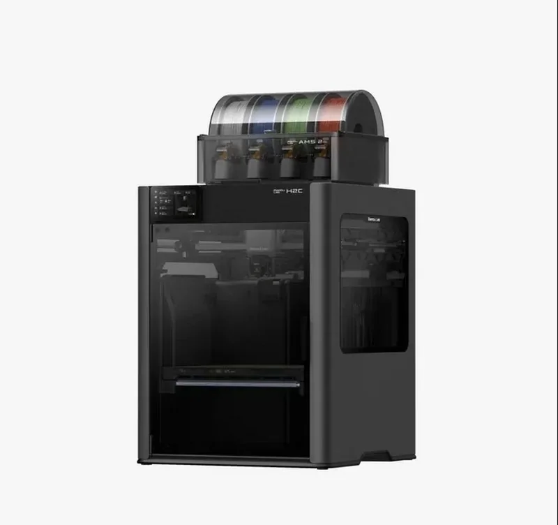 Bambu H2C 3D printer with sleek black design, windowed chamber, and filament reels on top, showcasing advanced printing technology and style.