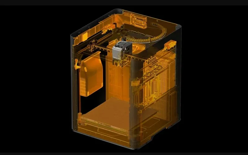 h2c Bambu 3D printer diagram showcases internal components, detailed mechanics, highlighting structure and functionality against a dark background.