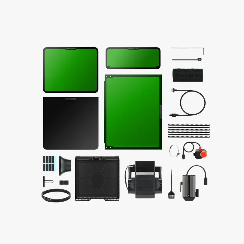 h2c Bambu 3D printer parts including screen, base, cables, and tools, top view; components for building and maintaining the 3D printing setup.