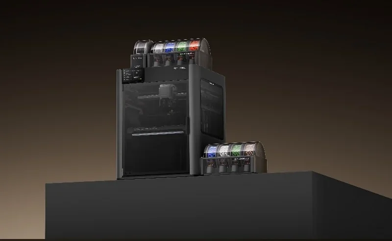 3D printer h2c Bambu with multiple color spools displayed on a black platform, showcasing advanced design and filament variety.