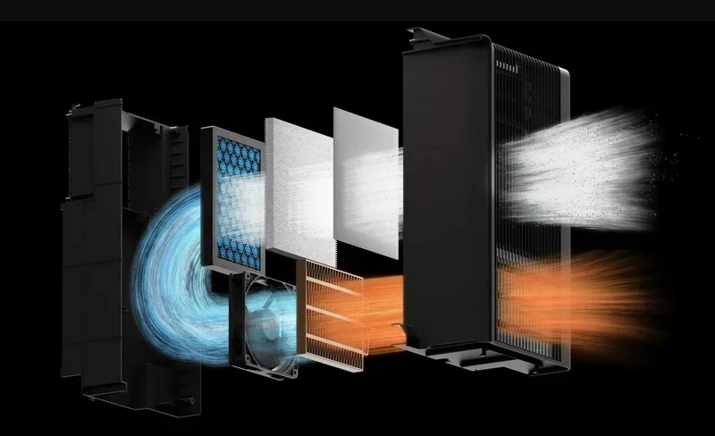 Exploded view of H2C Bambu air purifier showing internal filter components, airflow, and dust removal, assembled in a sleek black casing.