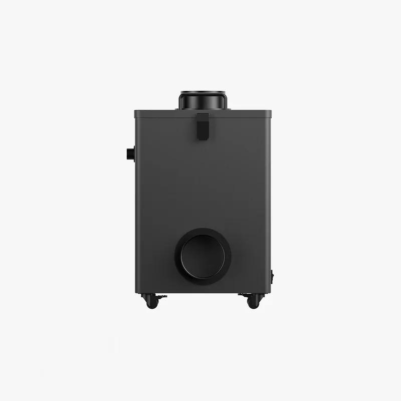 Black h2c bambu printer component with cylindrical vent, wheels at the bottom, set against a white background.