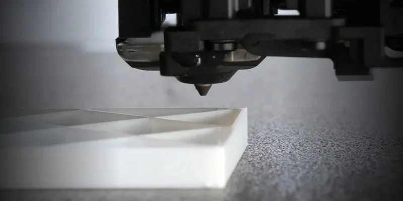 Close-up of h2c bambu 3D printer nozzle creating precise white geometric part on textured surface.
