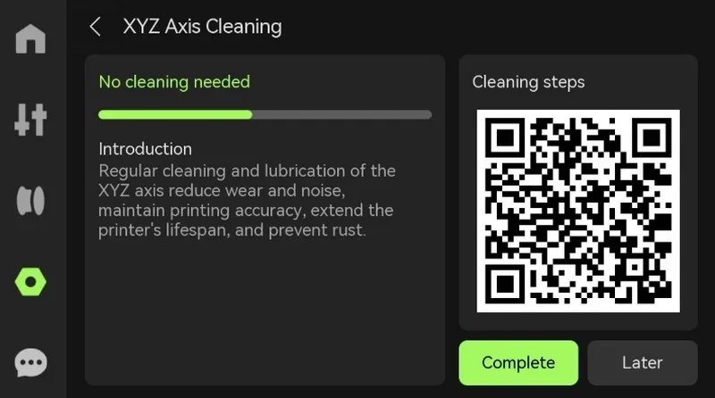 XYZ Axis Cleaning screen for h2c bambu 3D printer, showing "No cleaning needed," instructions for maintenance, and a QR code for cleaning steps.