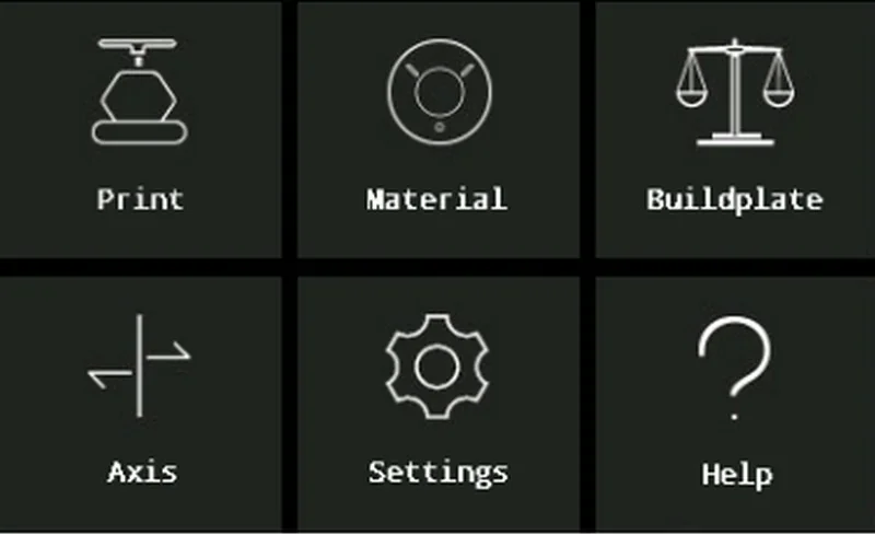 Intamsys FUNMAT HT interface icons: Print, Material, Buildplate, Axis, Settings, Help, all depicted with simple graphics on a black background.