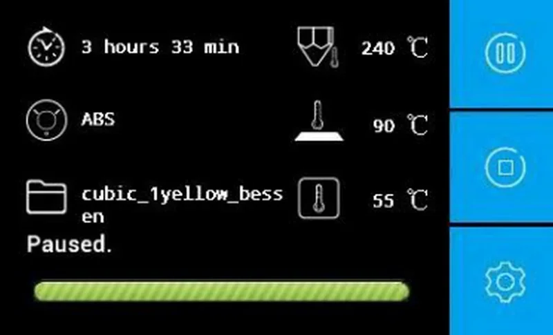 Intamsys Funmat HT interface showing ABS printing status, temperatures, file name, pause, and settings icons on a black and blue screen.