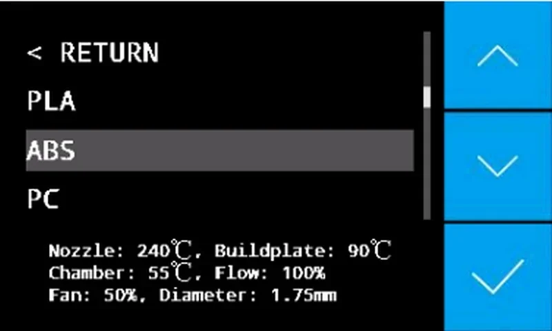 Intamsys Funmat HT display showing ABS settings: Nozzle 240°C, Buildplate 90°C, Chamber 55°C, Flow 100%, Fan 50%, Diameter 1.75mm.