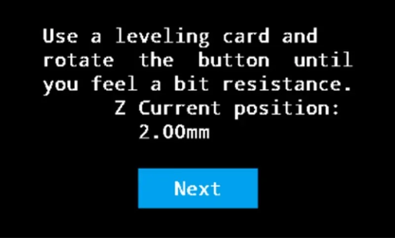 Screen instruction for intamsys funmat ht: Use leveling card, adjust button for resistance. Z position: 2.00mm. Blue "Next" button for navigation.