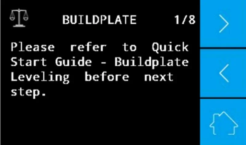 intamsys funmat ht screen instructing buildplate leveling; refer to Quick Start Guide for next steps.