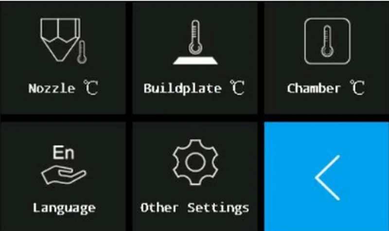 Control screen showing temperature settings and options for nozzle, build plate, and chamber of Intamsys Funmat HT, with language and settings.