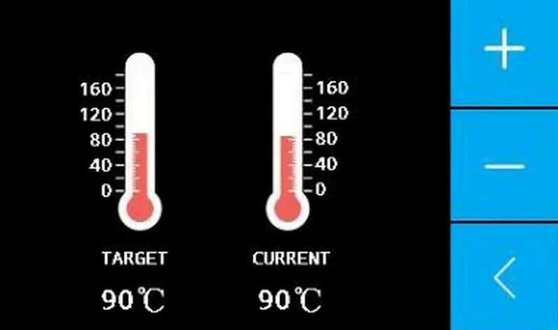 Thermometer display interface showing target and current temperature of 90°C for Intamsys Funmat HT, with blue control buttons on the right.