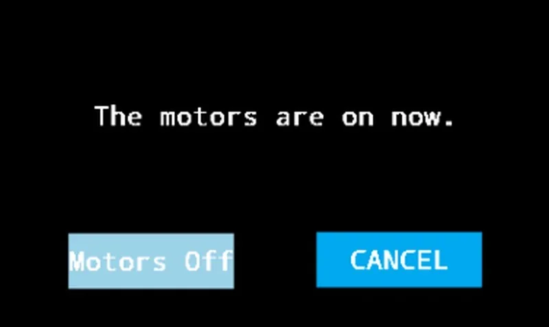 Text interface of intamsys funmat ht controls motor settings with buttons for "Motors Off" and "Cancel" highlighted against a black background.