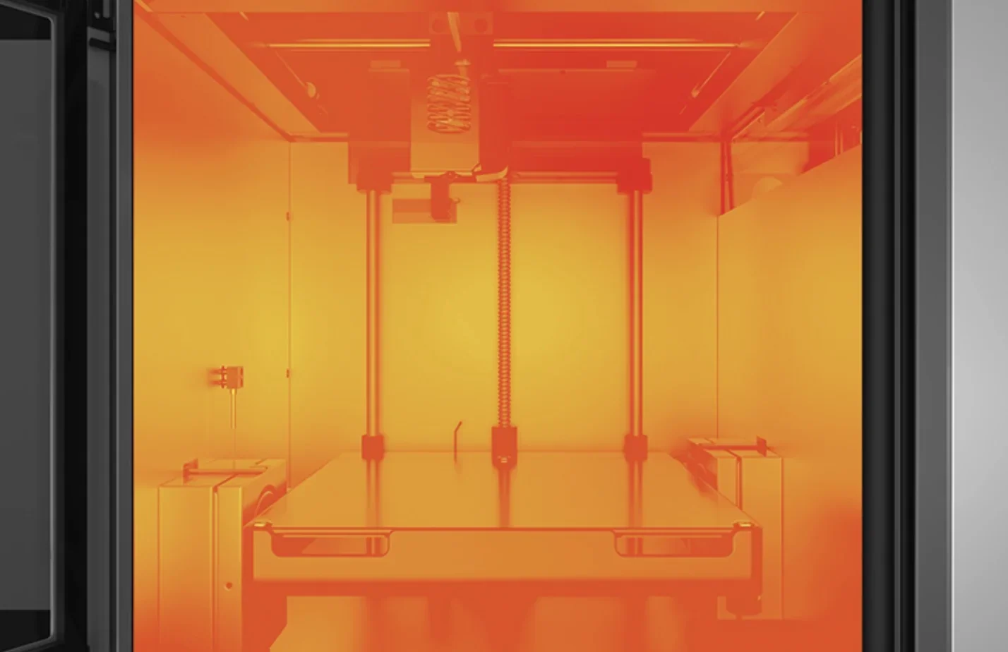 Intamsys Funmat HT 3D printer interior with heated chamber, metal rods, and orange-tinted transparent door for high-temperature filament printing.