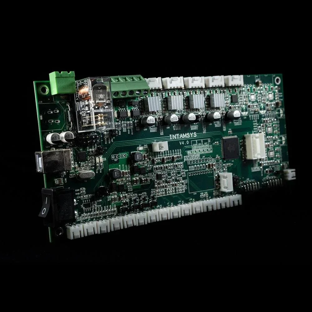 INTAMSYS Funmat HT control board with intricate circuitry and components on a black background, highlighting electronic detail.