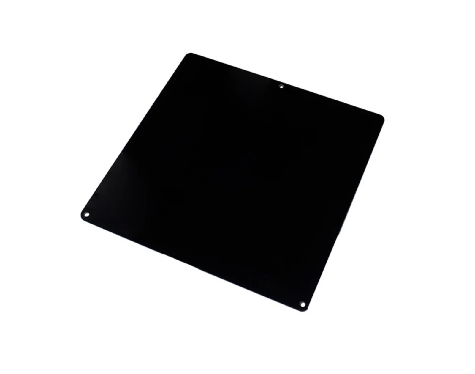 Black rectangular 3D printing plate, likely from Intamsys Funmat HT, featuring small corner holes, suitable for precision manufacturing.