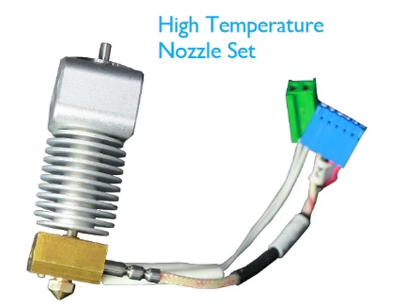 High-temperature nozzle set for Intamsys Funmat HT, showing metallic and colored connectors, designed for advanced 3D printing applications.