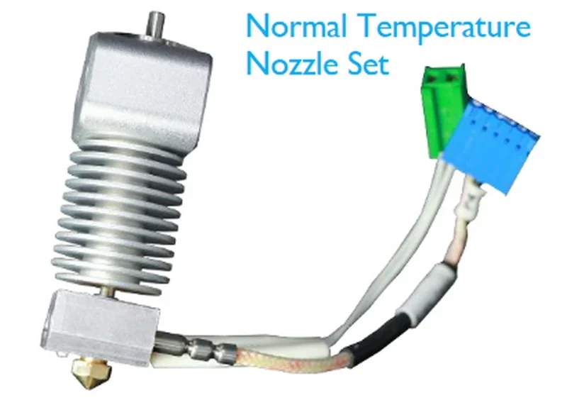 Intamsys Funmat HT nozzle set with metal cooling fins and colored connectors, labeled for normal temperature use.
