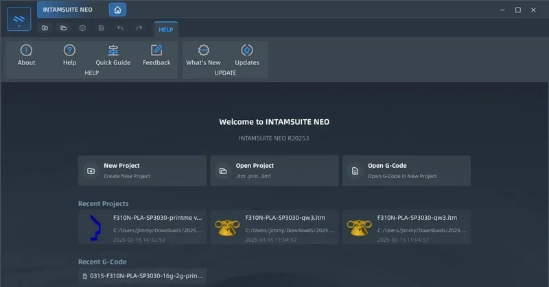 INTAMSUITE NEO software interface with project options and recent projects list for managing Intamsys Funmat HT 3D printer tasks.