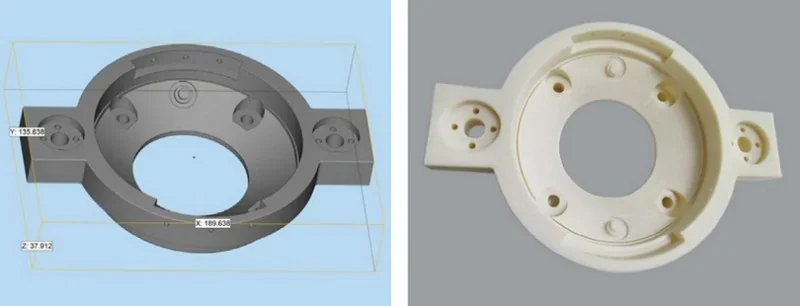 Comparison of a CAD model and a 3D-printed part, showcasing the intamsys funmat pro 310's precision in creating intricate circular components.