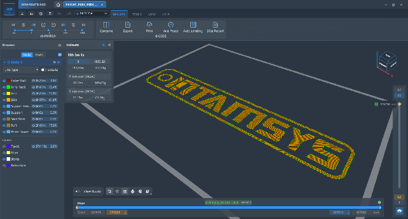 A software interface showing the slicing process for a 3D print job on the Intamsys Funmat Pro 310. The screen displays a 3D model of the Intamsys logo in yellow, indicating build layers and print path. The interface includes options for viewing the model, adjusting print settings, and exporting the G-code necessary for printing. The sidebar shows adjustable parameters like layer height and infill percentage, emphasizing the precision and customizability of the print setup.