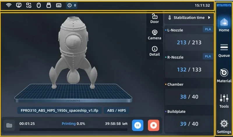 Intamsys Funmat Pro 310 screen showing a 3D print of a retro spaceship model with temperature settings for nozzles, chamber, and build plate.