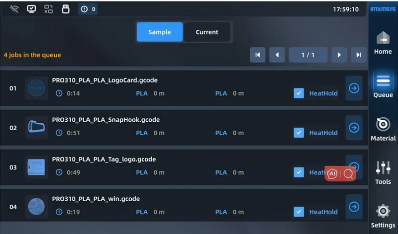 Intamsys Funmat Pro 310 interface showing job queue with four 3D print files in PLA. Visible options include sample, material settings, and tools.