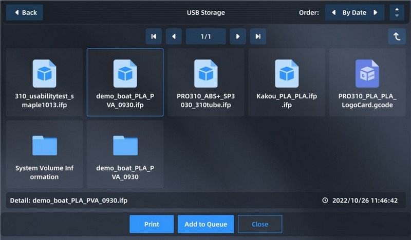 A digital interface screen displays the USB storage access page for the Intamsys Funmat Pro 310. The GUI shows various file icons with names and extensions like ".ifp" and ".gcode," which are used for 3D printing files. There is an option to "Print," "Add to Queue," or close the interface, dated October 26, 2022, indicating a user-friendly navigation system for organizing and selecting 3D print jobs by file date.