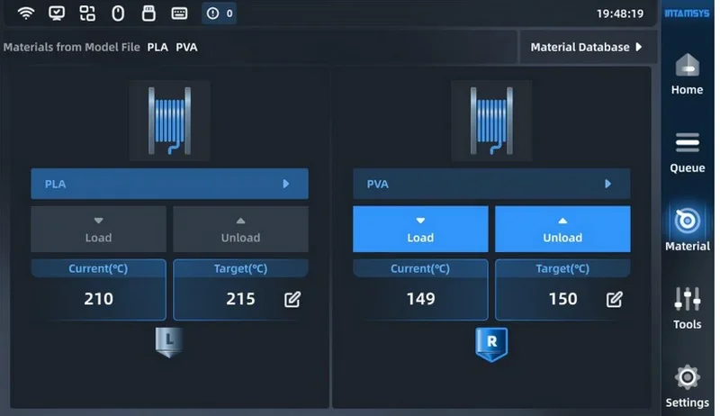Intamsys Funmat Pro 310 display showing PLA and PVA filament settings with current and target temperatures, featuring material database and navigation menu.