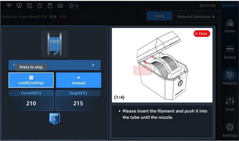 The screenshot displays a user interface for the Intamsys Funmat Pro 310, focusing on the filament loading process. On the left, there is a temperature control panel indicating the current temperature at 210°C and the target at 215°C, along with load and unload options. On the right, there is an instructional diagram demonstrating how to insert filament, with a step-by-step guide. The interface features branding elements and a timestamp at the top.