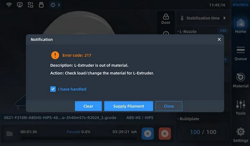 Notification screen from Intamsys Funmat Pro 310 showing "Error code: 217" for L-Extruder out of material; suggests checking or changing filament.