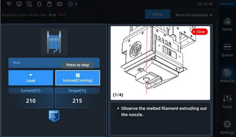 Intamsys Funmat Pro 310 interface displaying PLA settings, temperature controls, and a diagram of filament extrusion; branding visible.