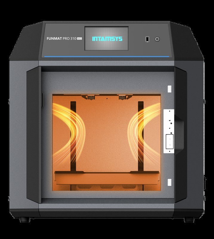 This image showcases the front view of the INTAMSYS FUNMAT PRO 310 NEO 3D printer. The printer has a sleek, industrial design with a large viewing window. The internal chamber is illuminated, highlighting the dual extrusion system and enclosed heated environment, ideal for high-performance printing. INTAMSYS branding is prominently displayed above the window, alongside the printer model name.