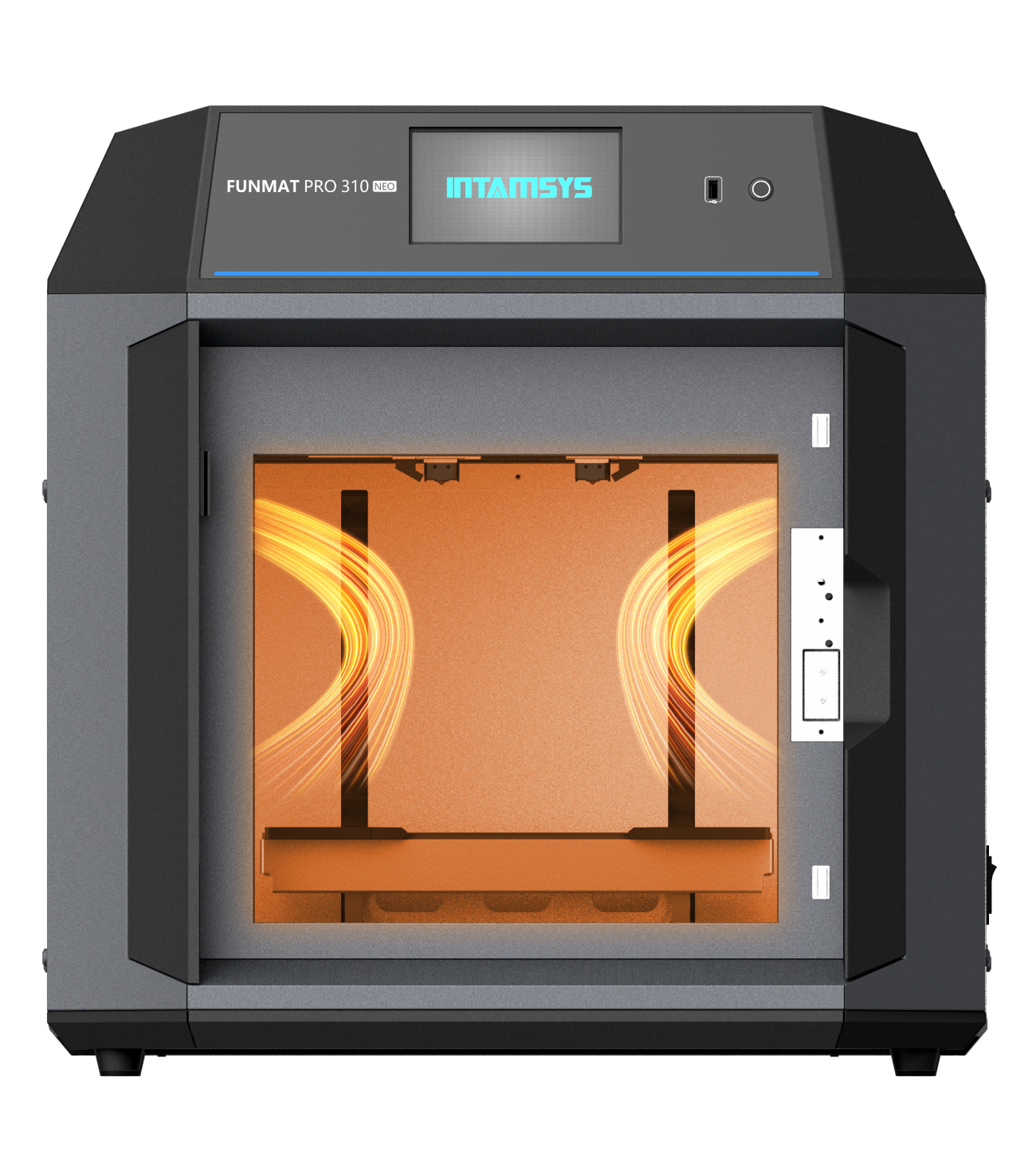 Intamsys Funmat Pro 310 3D printer with open front, showing glowing interior and heating elements, designed for precise filament printing.