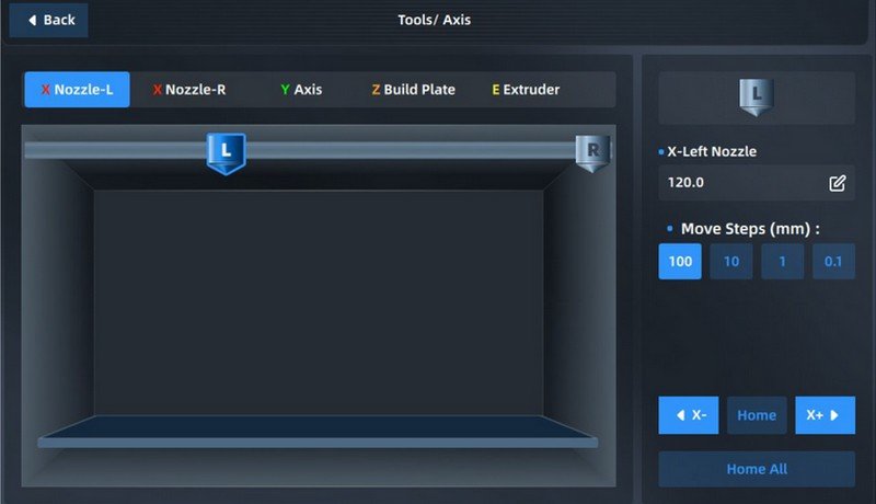 A screenshot displays the user interface of the intamsys funmat pro 310 3D printer's control software. The interface shows a 3D model of the printer's internal build space, marked with different axes: X, Y, Z, and extruder positions. The software highlights the Nozzle-L and Nozzle-R as well as options for moving the nozzles. Technical features such as axis movement, nozzle positioning, and precise movement steps in millimeters (100, 10, 1, 0.1) are visible. The interface contains buttons for adjusting nozzle positions (X-, Home, X+) and a Home All button, providing users with comprehensive control over the printer’s settings. The branding and navigation options are also visible, offering a seamless experience for users operating the printer.