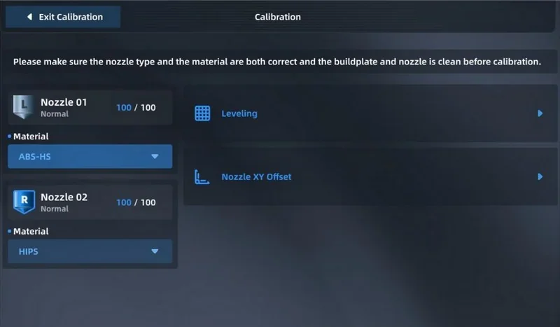 Calibration settings interface on the intamsys funmat pro 310 displays nozzle options and materials like ABS-HS and HIPS with leveling and offset features.