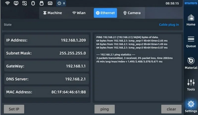 Intamsys Funmat Pro 310 interface showing network settings, IP details, subnet mask, gateway, DNS server, MAC address, and ping statistics.