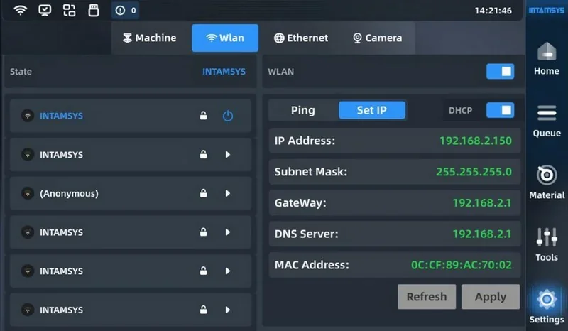 INTAMSYS Funmat Pro 310 interface; WLAN settings display IP, DNS, and MAC details. Branding visible, with machine, Ethernet, and camera options.