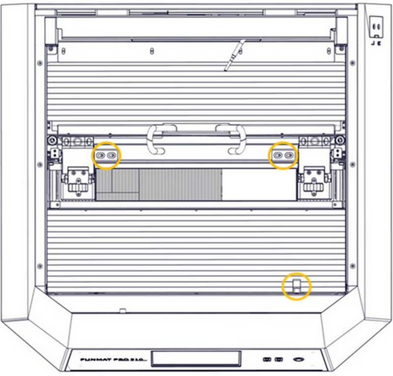 A detailed illustration of the INTAMSYS FUNMAT PRO 310’s print head mechanism as viewed from above. The image shows dual extruder systems marked by yellow circles, which are integral for efficient printing operations. The horizontal alignment of the rails and motorized components is clear, showcasing technical precision. The branding below the components indicates the model name, ensuring easy identification.