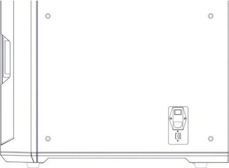 Diagram of the Intamsys Funmat Pro 310 3D printer's exterior panel, showing technical outline details, including a power switch and handle.