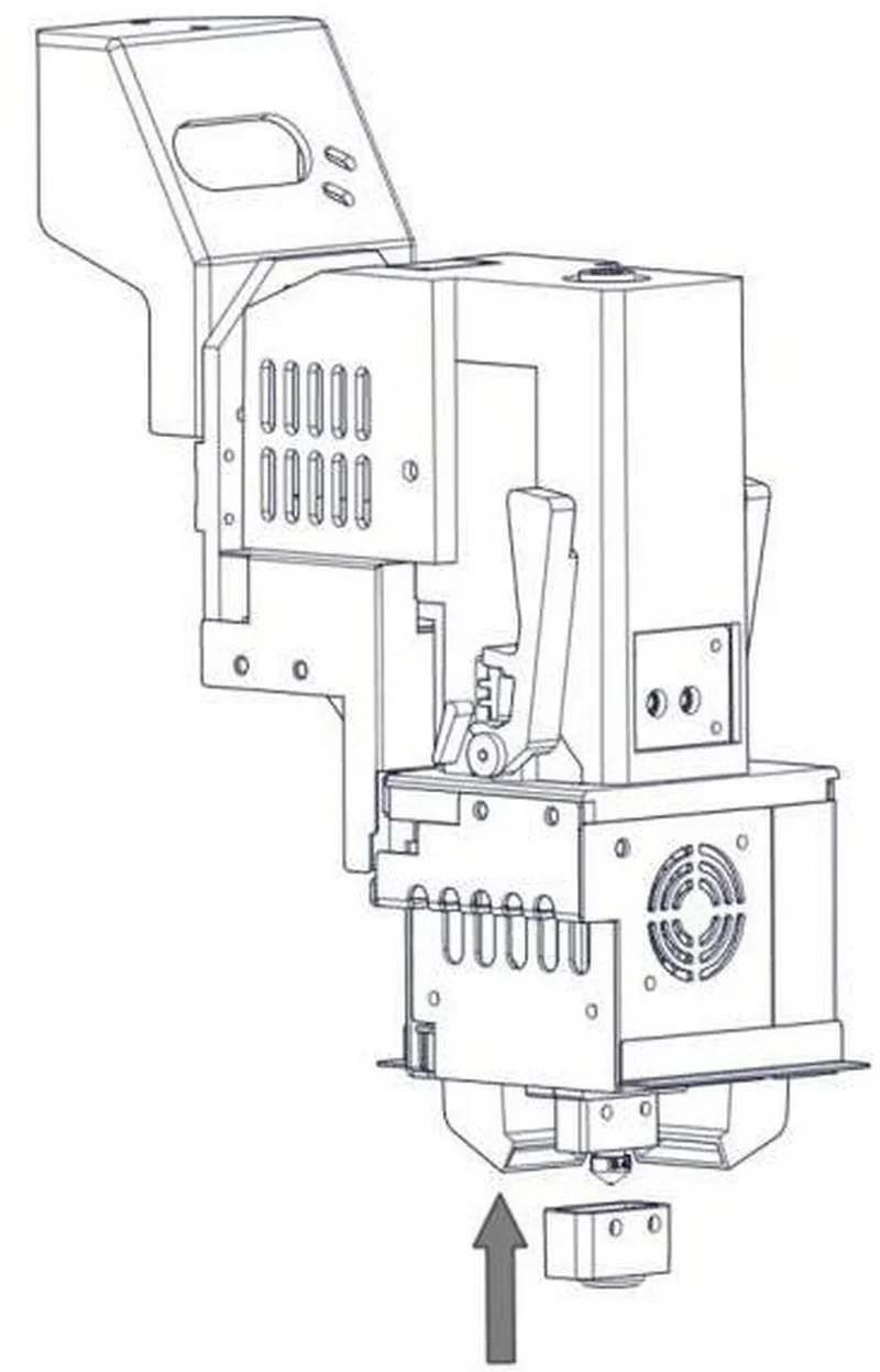 Technical diagram of the Intamsys Funmat Pro 310 extruder system, showing fan vents and component details for optimal 3D printing performance.