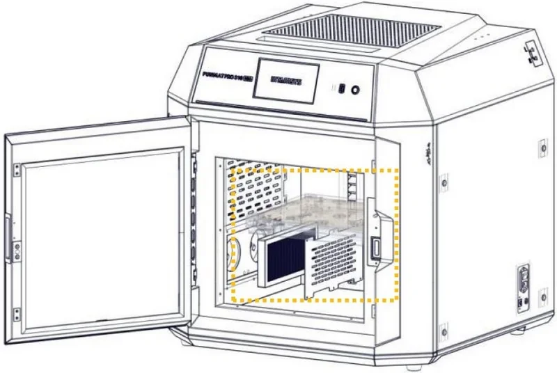 Intamsys Funmat Pro 310 3D printer schematic with open chamber, showcasing internal parts and removable components in front of the device.