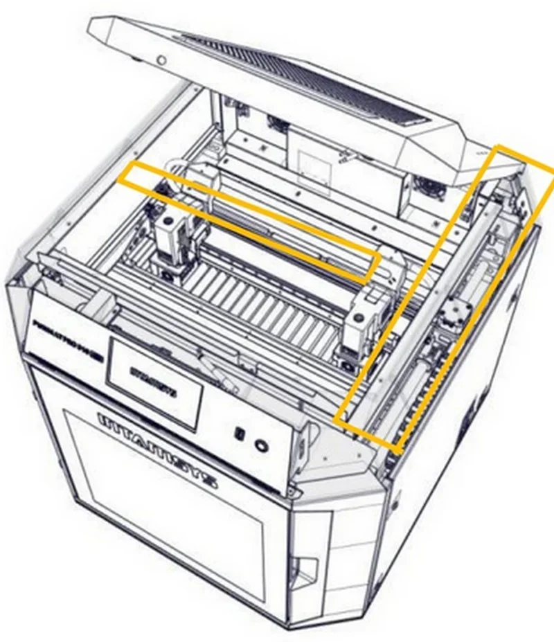 Diagram of the intamsys funmat pro 310 3D printer, showing internal components, dual extruders, and build area, with branding visible on the front.