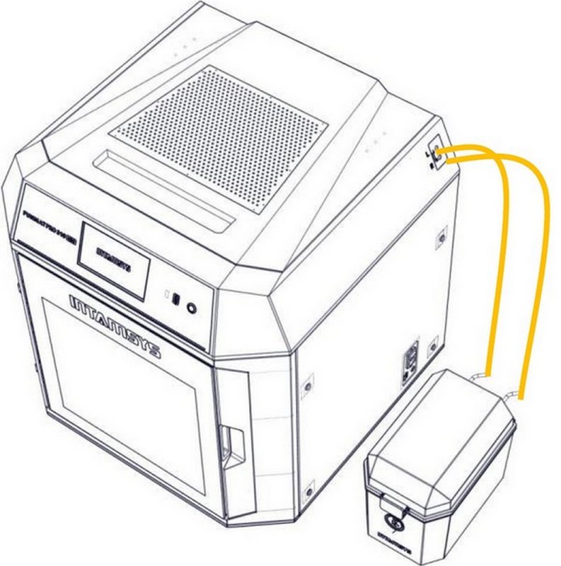 A detailed line drawing of the Intamsys Funmat Pro 310 3D printer is shown, highlighting its robust and angular design. The printer features a large, insulated build chamber, prominent display panel, and the Intamsys branding on the front door. Attached to the printer is an external box via yellow cables, likely representing a filament or external control unit. The overall aesthetic conveys industrial strength and precision engineering.
